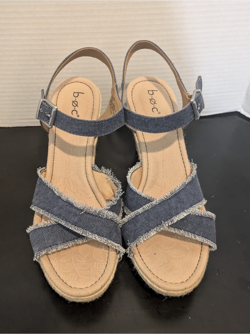 b.o.c. Denim Blue Frayed Crisscross Slingback Sandals